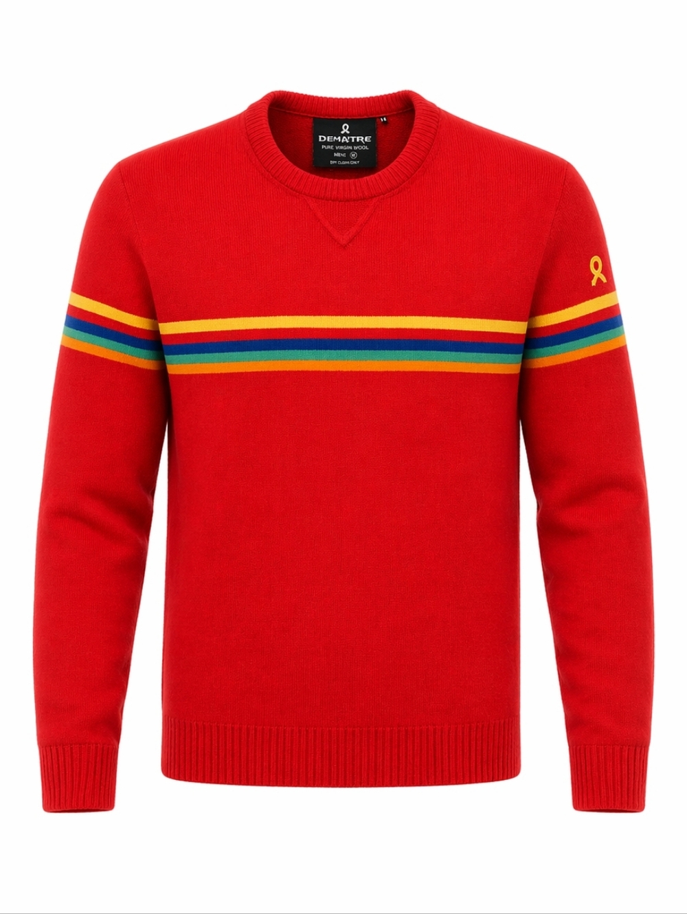 Vintage Demetre Red Crewneck 100% virgin Wool Sweater with Rainbow Chest Stripe